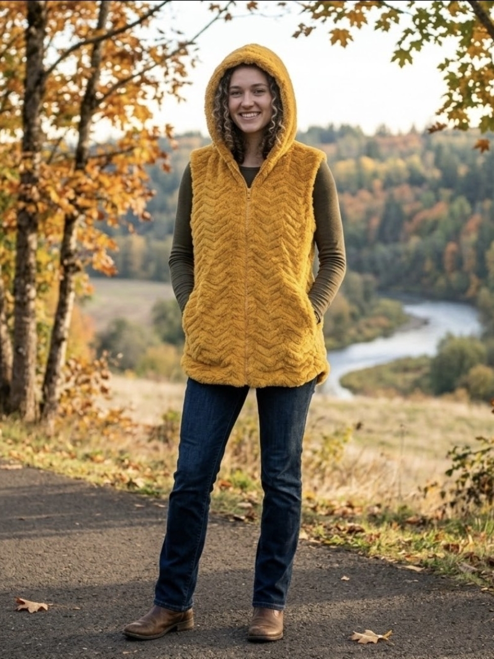 Mustard Yellow Faux Fur Hooded Vest Zip Front Plush Fleece Sleeveless Jacket OS